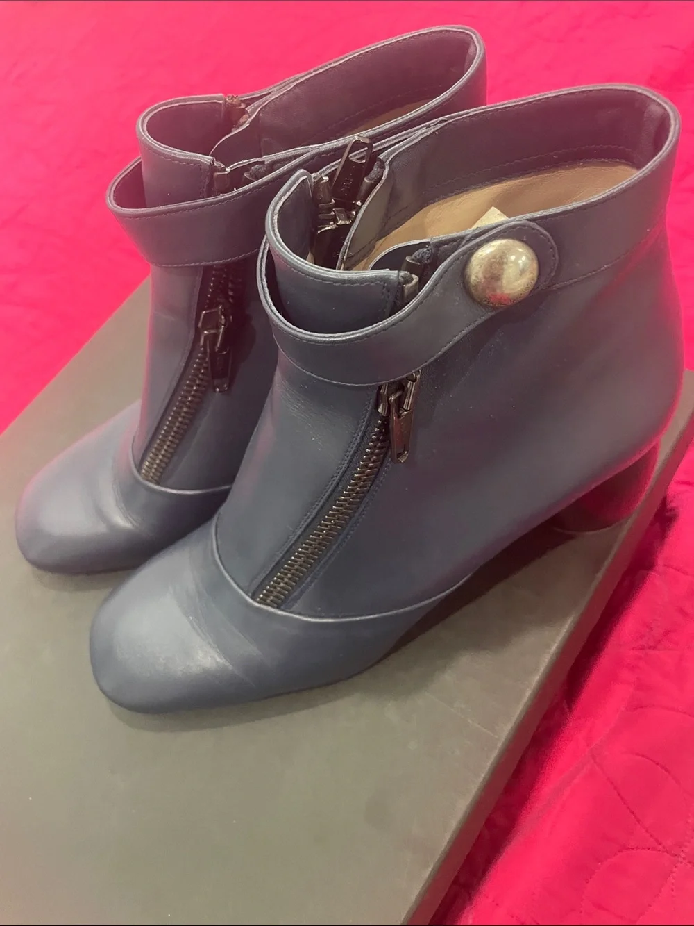 Marc Jacobs Navy Leather Ankle Booties with Zip & Strap